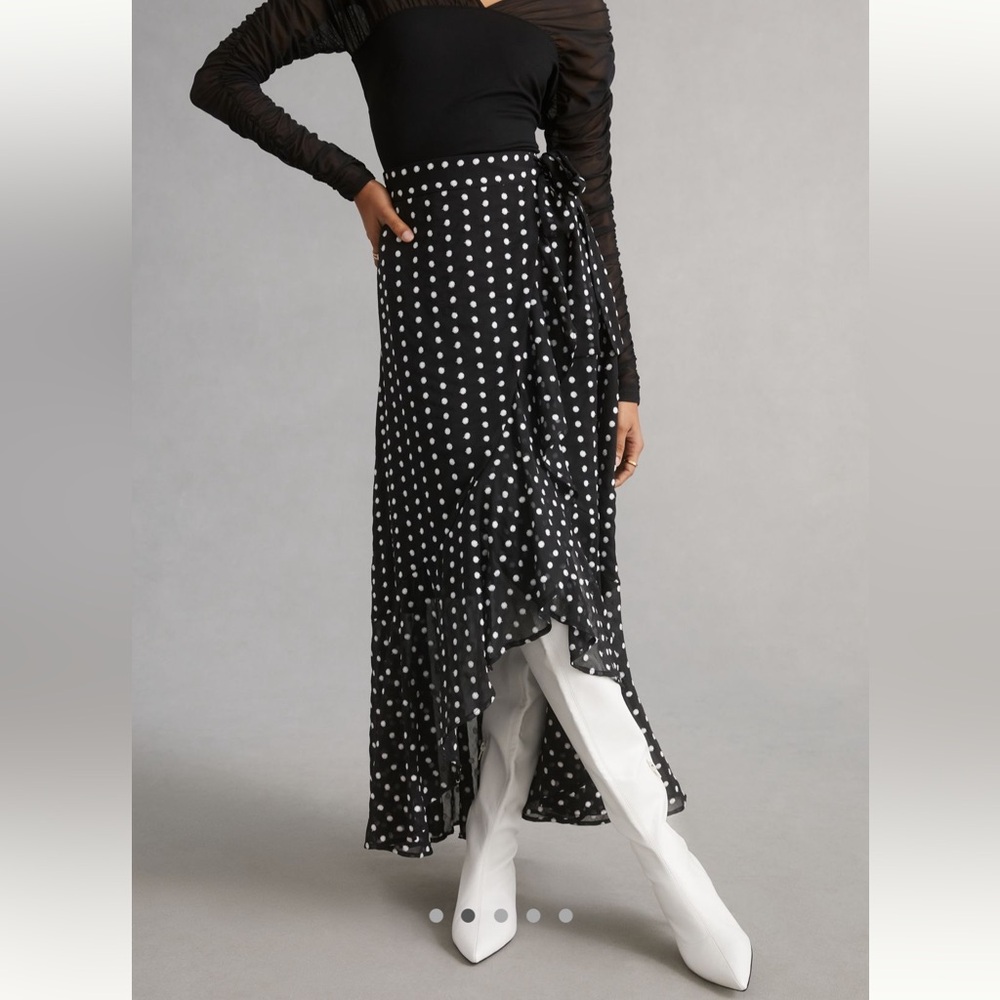 Maeve Anthropologie Asymmetrical Black and White Polka Dot Wrap Maxi Skirt